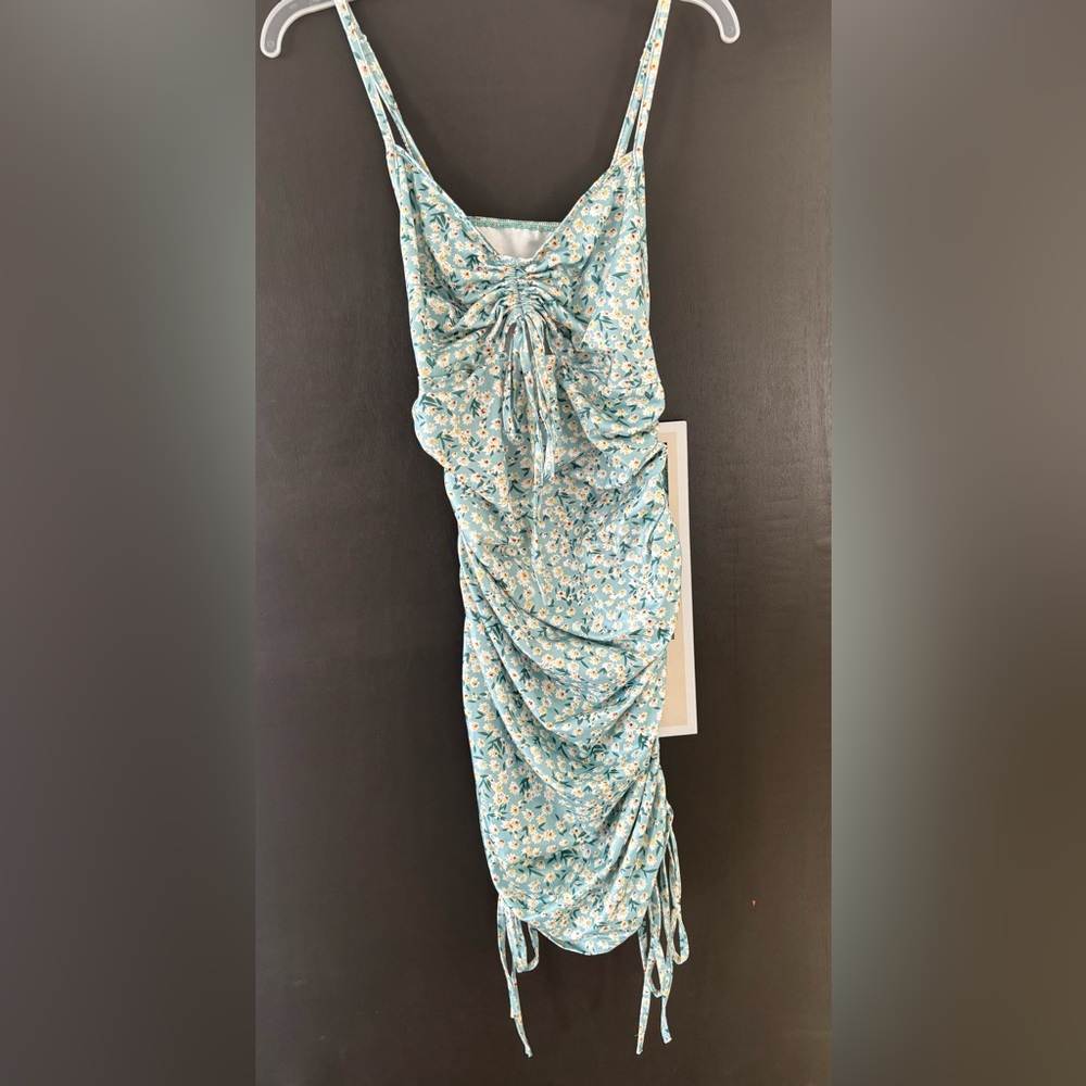 SHEIN Blue Ditsy Floral Ruched Bodycon Mini Dress - Size Small - Picture 2 of 4